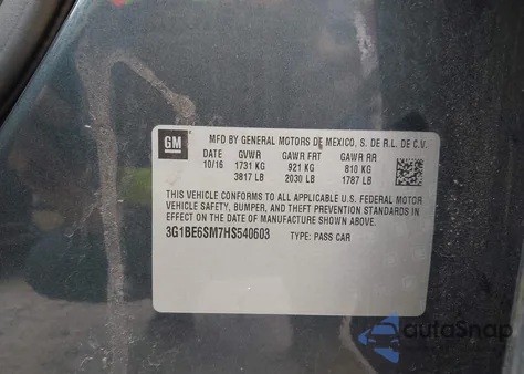 2017 Chevrolet Cruze Lt Auto из США, поврежденный, VIN 3G1BE6SM7HS540603